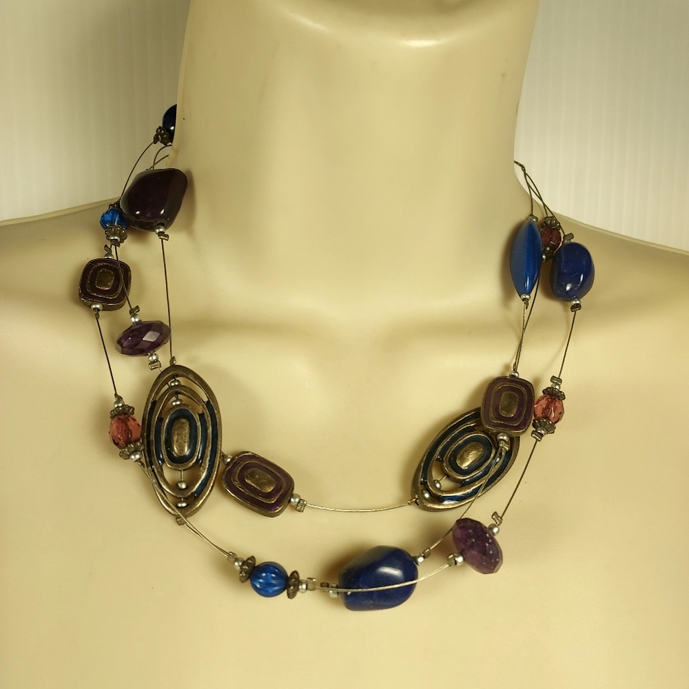 Chico's Navy Blue and Silver Wire Multi-Layer Necklace Stone Glass Boho Style - Picture 2 of 8